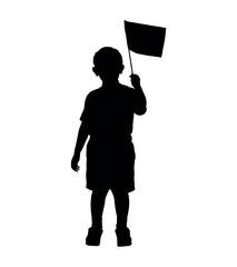 Boy holding flag silhouette. Little boy waving small flag black silhouette.