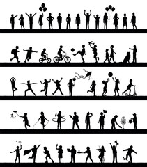 Silhouettes of kids activities outdoors on grass field vector set collection.