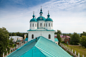 View of the Spassky Cathedral and the city of Yelabuga from the bell tower of the Spassky Cathedral on a sunny spring day. Yelabuga, Tatarstan, Russia