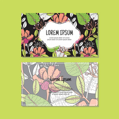 Business card template, flowers and leaves seamless pattern vector design. Double-sided creative business card template. Landscape orientation. Vector illustration.