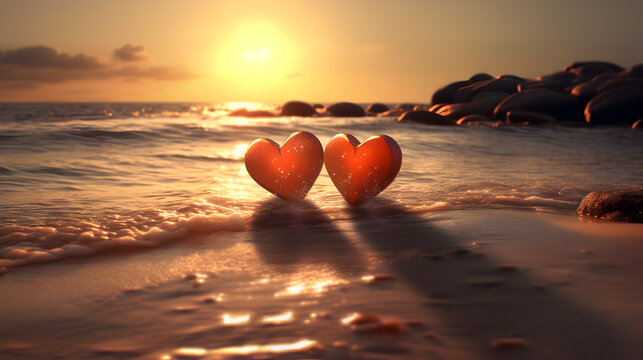 Two red hearts standing on beach at sunset