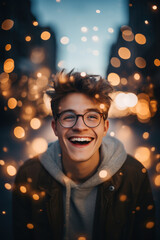 Smiling man embracing city lights