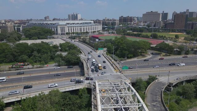 aerial shot of Yankee Stadium pulling back along Macombs Dam Bridge