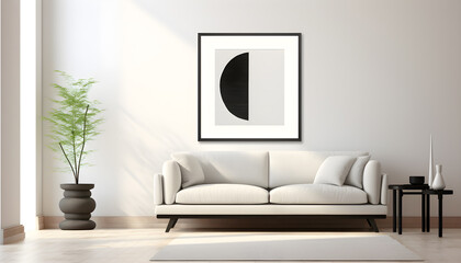 Modern bright interiors. Modern living room with white walls, simple couch, plant vase, wall photo frame. Modern minimalist interior design. Generated AI illustration.