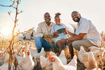 Family, chicken farm and lgbt portrait in countryside with sustainability, agriculture and kid. Gay...