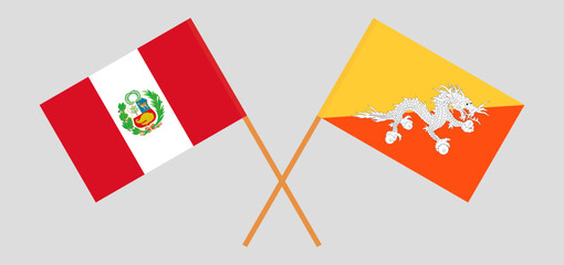 Crossed flags of Peru and Bhutan. Official colors. Correct proportion