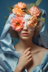 A woman with an elegant headpiece eye mask of roses graces the room with her beauty, radiating a soft yet powerful presence