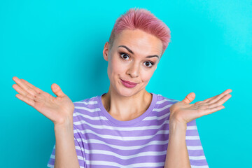 Closeup photo of young unsure confused girl shrug shoulders no idea unsure which perfume she should buy isolated on cyan color background