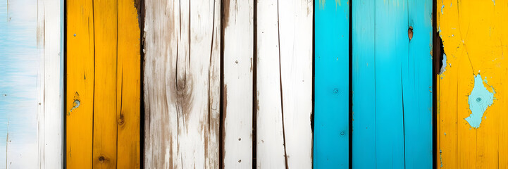 Texture of vintage wood boards with cracked parts white , blue and yellow