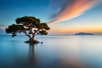 Fototapeta na wymiar Tree and sea at sunset. Crimea landscape.AI generated