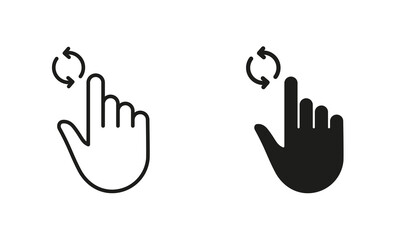 Update, Repeat, Circle Arrows with Hand Finger Line and Silhouette Black Icon Set. Swipe for Refresh Website Page Pictogram. Reload Gesture Symbol Collection. Isolated Vector Illustration