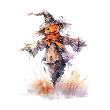 recommend clip art: Cartoon halloween scarecrow. Watercolor scarecrow on transparent background. Generative AI