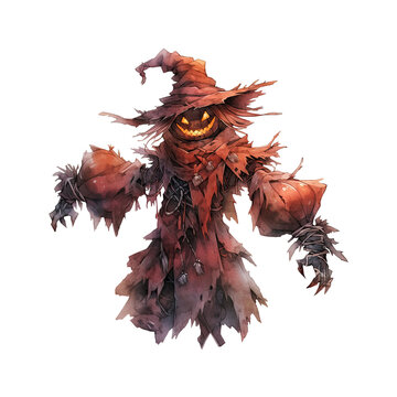 recommend clip art: Cartoon halloween scarecrow. Watercolor scarecrow on transparent background. Generative AI