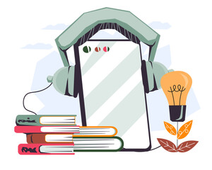 Audiobooks and ebook purchase, e-library banner for electronic books store or app, flat vector illustration isolated on white background. Audiobooks banner or poster design.