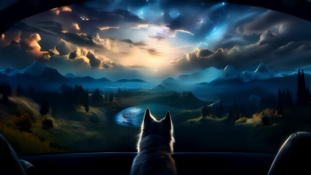 A curious dog gazing at a mesmerizing and mystical view. Video bobs up and down as it takes in the enchanting scene before it.
