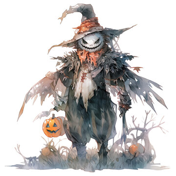 recommend clip art: Cartoon halloween scarecrow. Watercolor scarecrow on transparent background. Generative AI