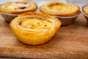 Portugal's traditional sweet dessert Pastel de nata egg custard tart pastry in cup