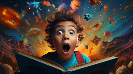 Very interesting adventure story in the book. Surprised little boy with shocked expression reading book, story isolated over colorful background. Education and imagination ad.