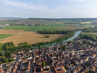 Panoramic aerial view on green premier cru champagne vineyards and fields near village Hautvillers...