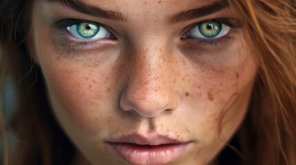 Extremely Close-up portrait of pretty Seafarer lady, intense eyes. Generative AI