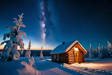 Foto auf Alu-Dibond A captivating winter landscape unfolds under the celestial canvas of Kiruna Lapland © Muhammad