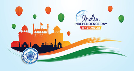 Banner or Header designed of 15th August Happy Independence Day of India, with stylish text, tricolor paint brush stroke, flying air balloon and famous monuments of India. Vector Illustration.