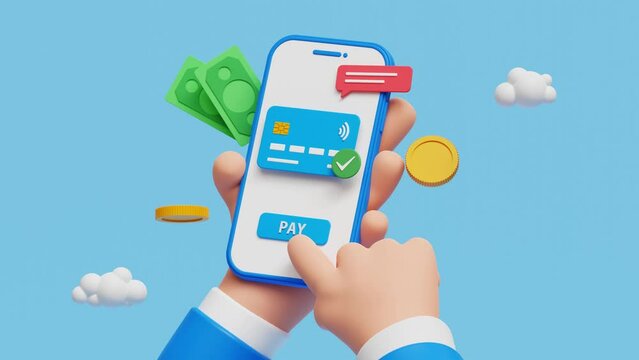 Mobile Payment. 3D Smartphone with Online Payment. Credit card on screen phone. Online shopping. NFC payments. Banking, Finance app and e-payment. Pay by card concept. 3D looping animation