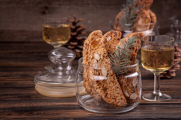 Traditional italian Christmas New Year dry cookies biscuits biscotti cantuccini in glass bowl on...