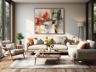 This minimalist living room design with a cozy couch, loveseat, pillows, cushions, armrests, a vase, and a stunning painting on the wall creates an inviting and stylish home atmosphere