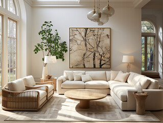 A cozy and minimalist living room design with an eye-catching wall painting, comfortable furniture, and decorative accents provides a perfect backdrop for relaxation and reflection