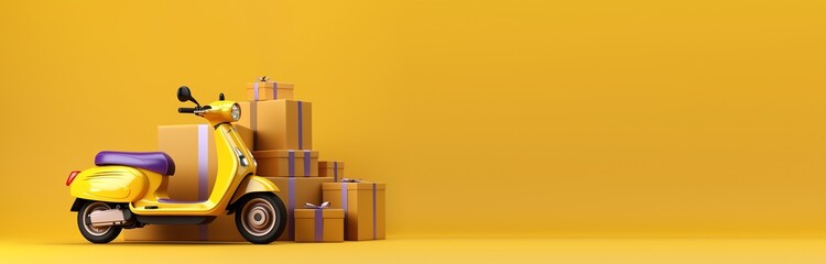 yellow scooter with boxes on yellow background, delivery concept