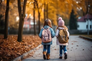 Back view of two little girls going to an elementary school through the autumn park. Rearview of children with backpacks back to school.
