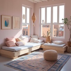 This minimalist room with its bright pink walls and cozy pink couch invites a sense of comfort and relaxation, creating a peaceful and stylish interior design for any home