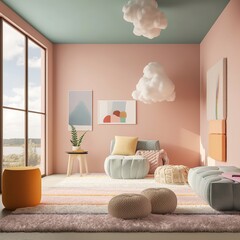 This inviting bedroom features a minimalistic design with a pink wall, cozy couch and pillows, furniture, lampshade, wallpaper, vase, and other linens to create a peaceful and inviting atmosphere