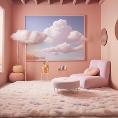 This modern, minimalist bedroom design features a plush pink loveseat, cozy cushions, and a vibrant wall painting that creates an inviting atmosphere perfect for relaxation and self-reflection