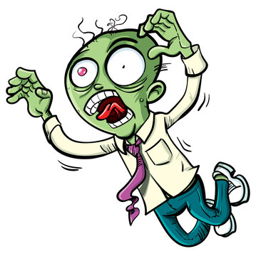 Cartoon zombie floating or jumping. Massive eyes with no hair