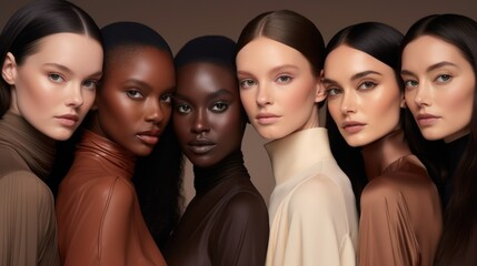 Obraz premium Beauty portrait of diverse women with different skintone. Multinational young female with attractive appearance and different flawless skintone. Peach Taffy palette. AI photography.