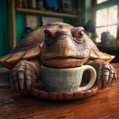 Turtle resting on a cup on a wooden background.