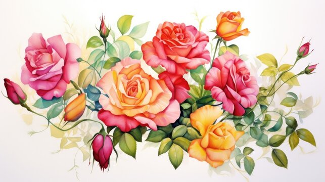 Watercolor autumn roses. Pink, orange, yellow flowers. Trendy floral AI illustration for design, print, fabric or background, textile, wallpapers, greeting card.