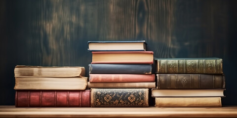 Old books on a wooden shelf. Background illustration. Library backdrop.