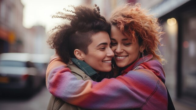 LGBTQ two loving girls tightly embraced - stock picture