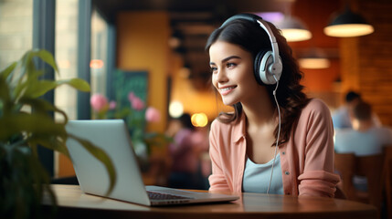 Smiling girl student wears headphones and study online with teacher, happy young woman learn language listen lecture watch webinar write notes look at laptop. Sit in cafe. Homeschooling