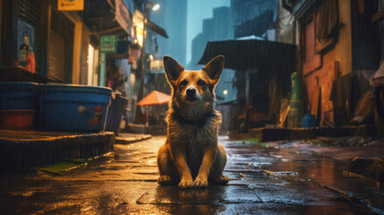 Stray dog sitting in the middle of a a street under the rain