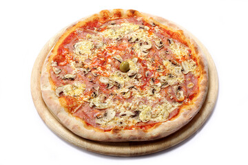 Pizza Capricciosa on a wooden tray