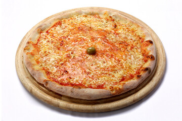 Pizza Quattro formaggio on a wooden tray