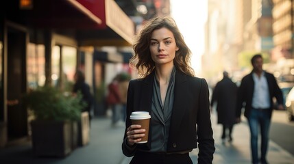 Fototapeta premium A woman in a suit with coffee, city street, early in the morning. Generative AI