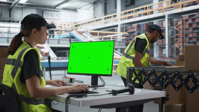 Caucasian Female Stocking Associate Using Green Screen Chromakey Desktop Computer In Distribution Warehouse. Male Colleague Loading Cardboard Boxes On Automated Conveyor Belt In Sorting Center.