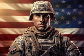 Obraz premium An American military man in a helmet on the background of the US flag