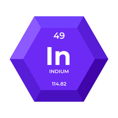 Indium is chemical element number 49 of the Post Transition Metal group. Icon of chemical element of periodic table in 3d hexagon. Chemistry for children, elementary education.