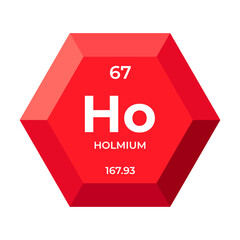 Holmium is chemical element number 67 of the Lanthanide group. Icon of chemical element of periodic table in 3d hexagon. Chemistry for children, elementary education.